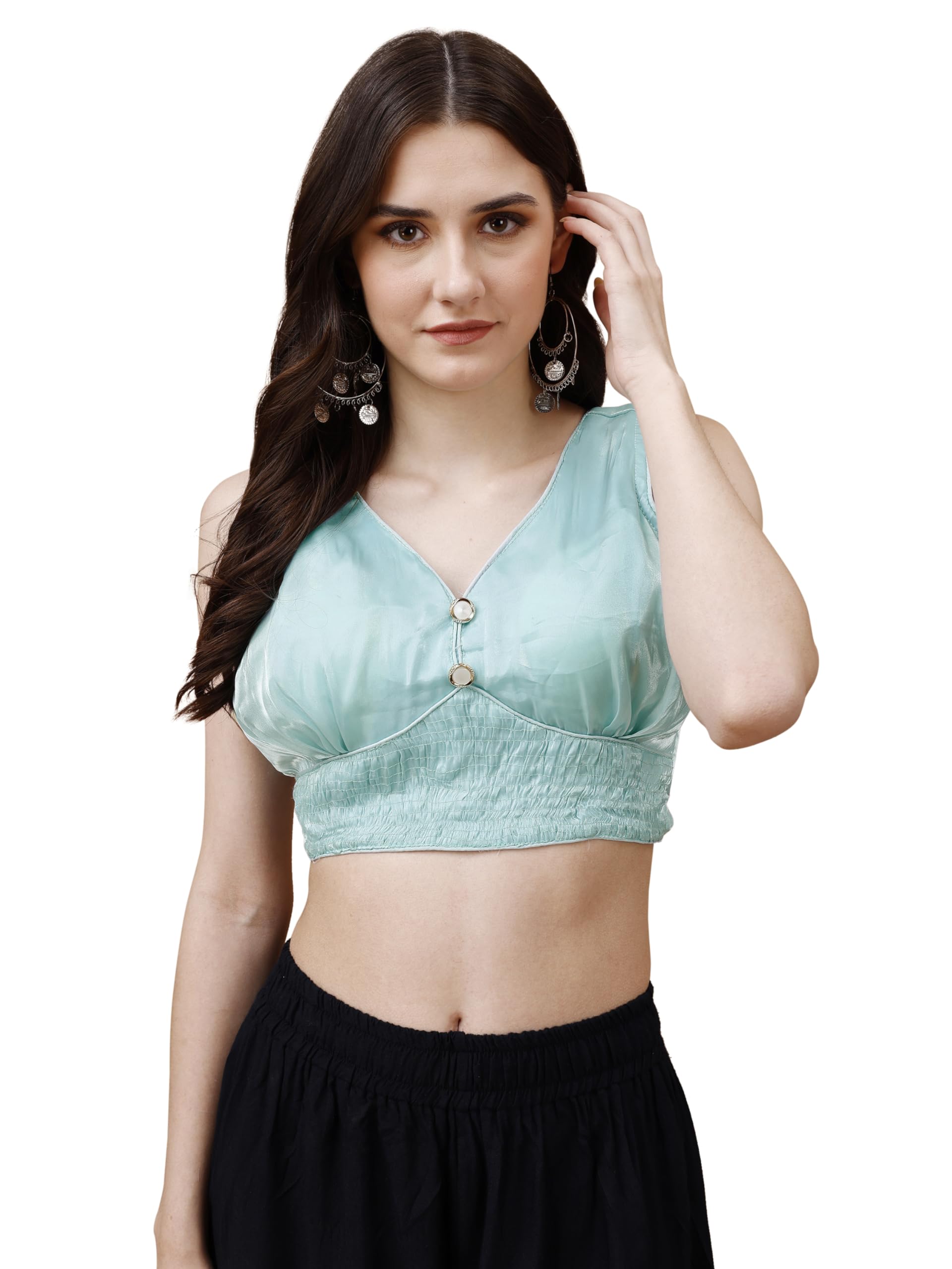 Womanista Women's Synthetic Solid Sleeveless Regular Fit Sequinned Blouse (Bl_01A_Sky Blue L)