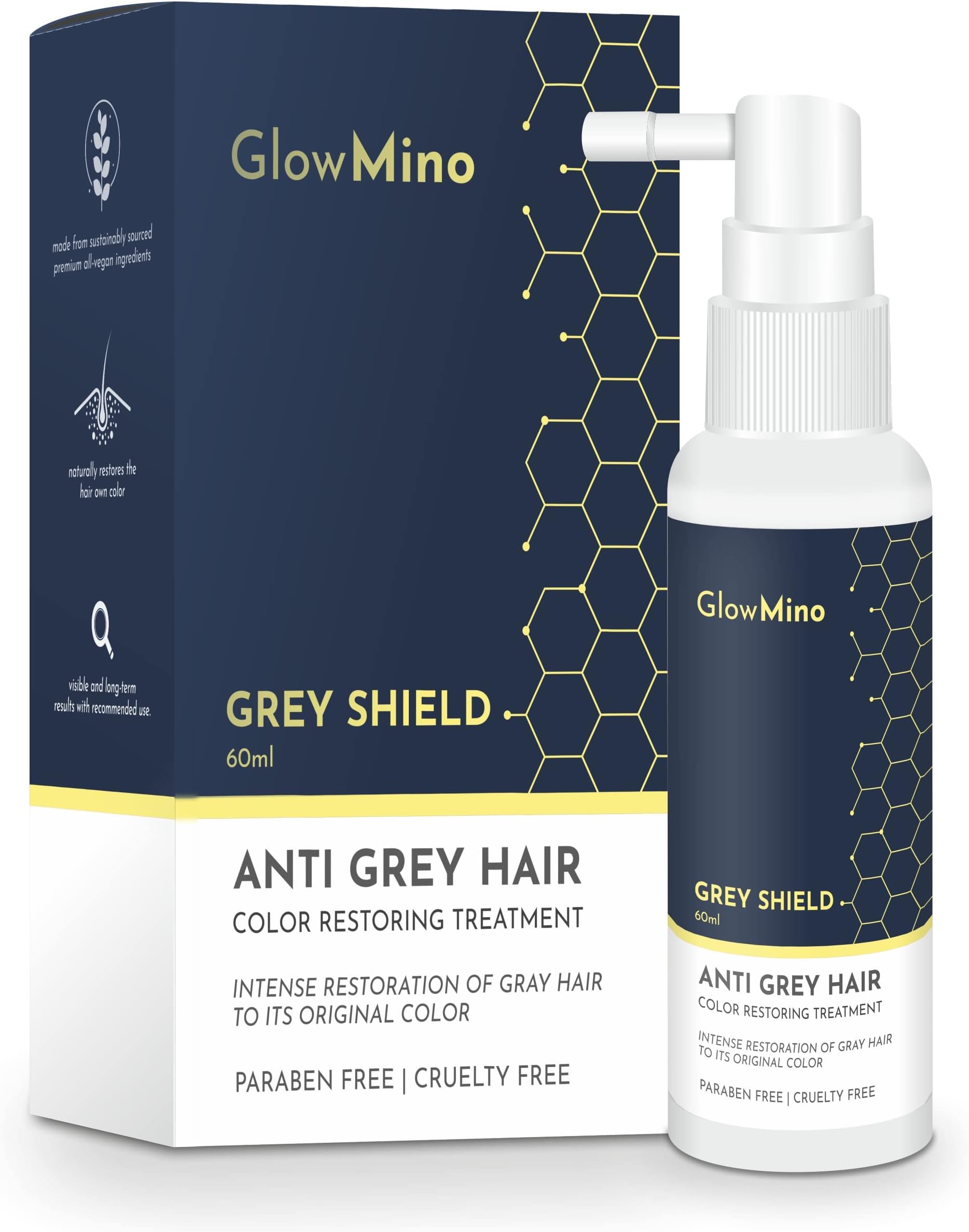 Glow Mino Anti Grey Hair Serum Enriched with ARCOLYS, Fenugreek, Curry Leaves & 9 other potent herbs For Restoring Hair Original Color, Grey Shield 60 ml