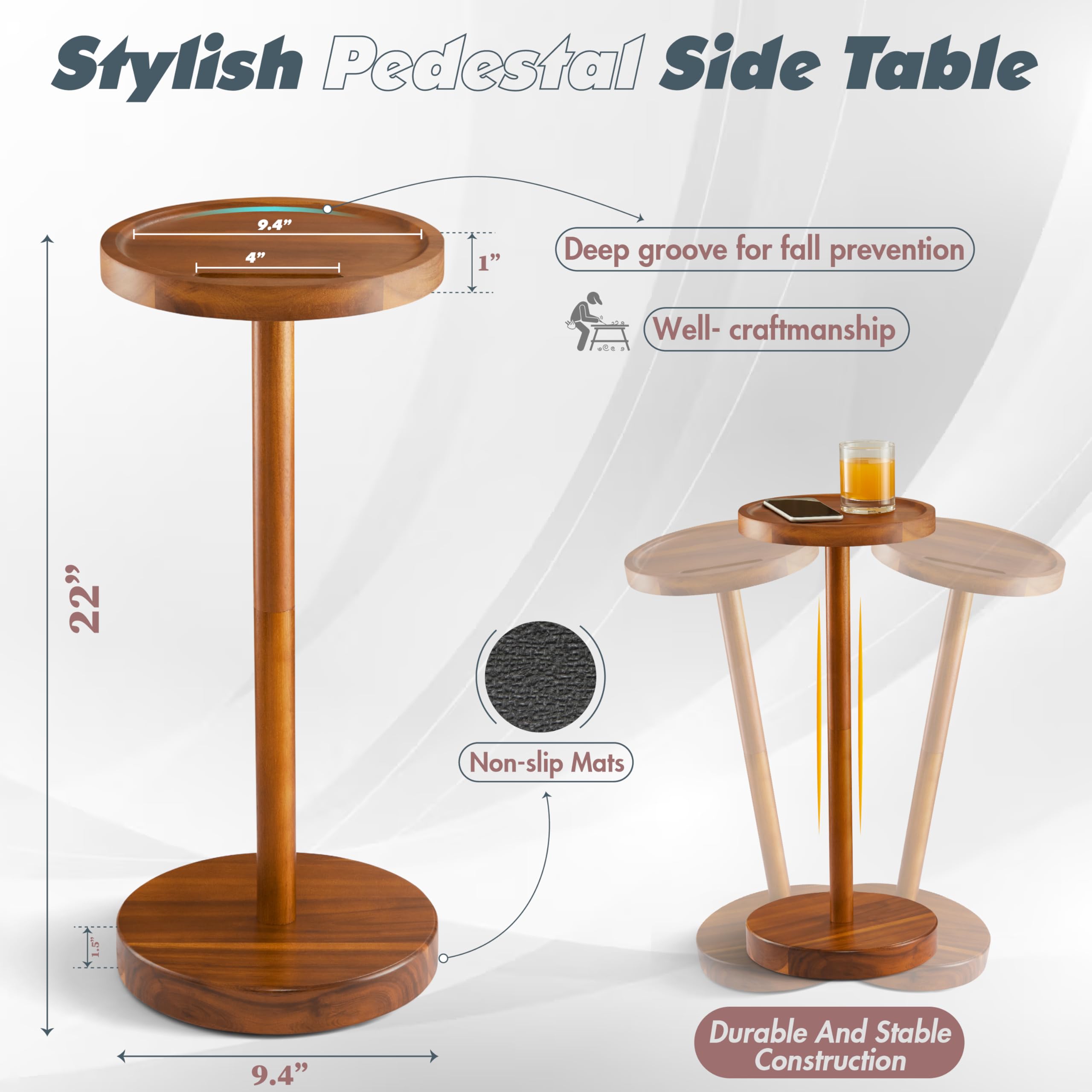 Mesa de bebidas, mesa auxiliar compacta de 24.4 pulgadas de alto con ranura para teléfono y base pesada (2, Acacia) 3