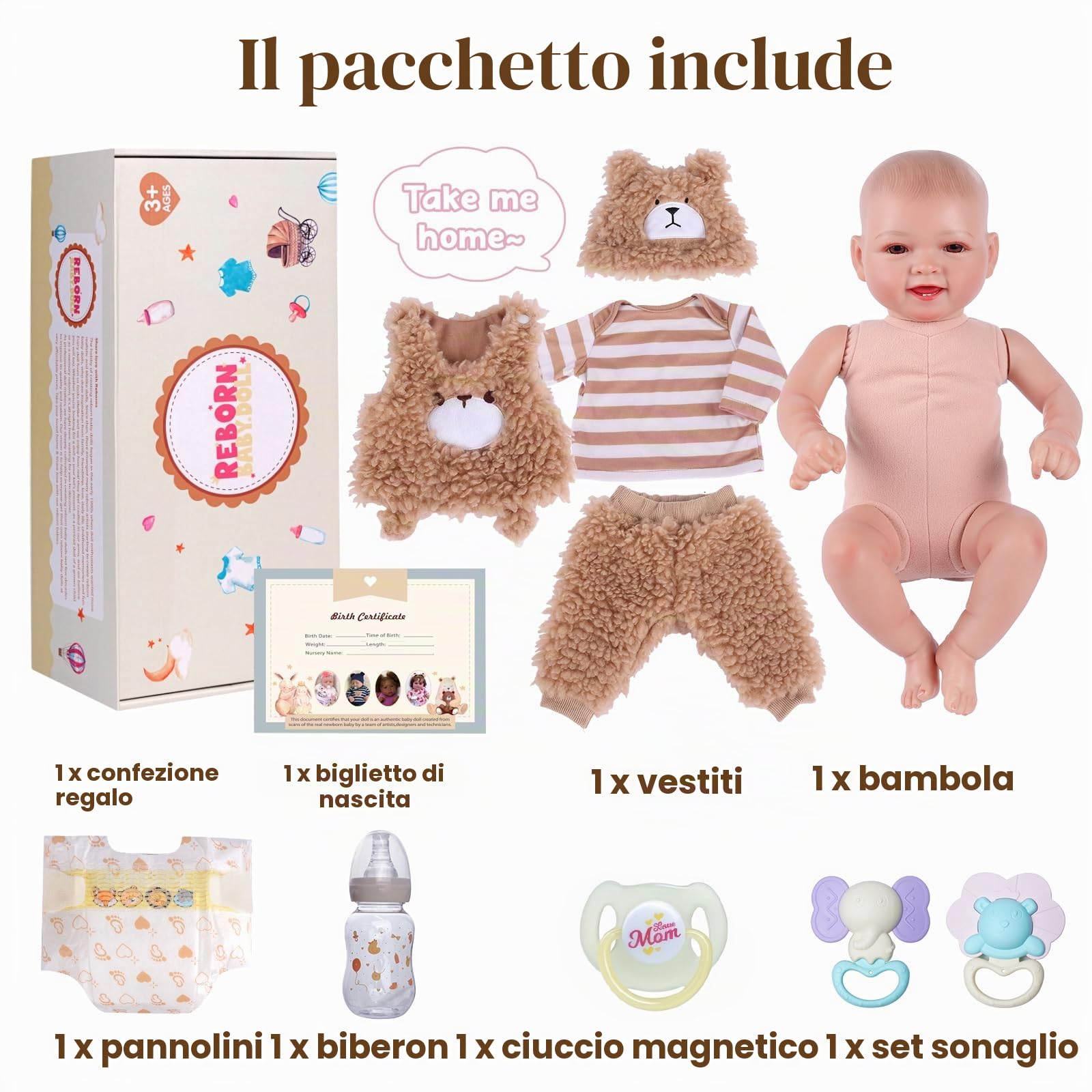 JIZHI Reborn Bambola Mia - 17 Pollici Realistica Bambole Bambino Corpo Morbido Tessuto, Dolce Sorriso - Neonato Femmina Testa e arti in Vinile per 3 anni+ (Occhi Marroni)