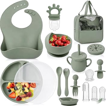 17-Pcs Baby Weaning Set, Baby Led Weaning Feeding Supplies for Toddlers,Baby Feeding Set, Baby Dinnerware Set, Baby Plates and Bowls Set   Green  BPA Free Baby Gifts & Presents