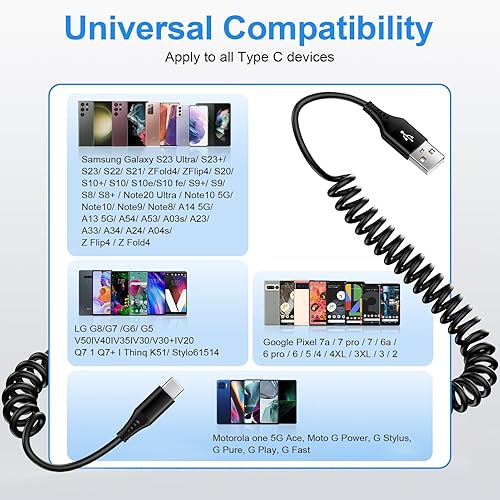 Miniatura 7 de Cable USB C a USB, Android Auto de 3 pies + 5 pies en espiral para automóvil, cable retráctil de carga rápida tipo C para iPhone 17Air17 Pro17 Pro