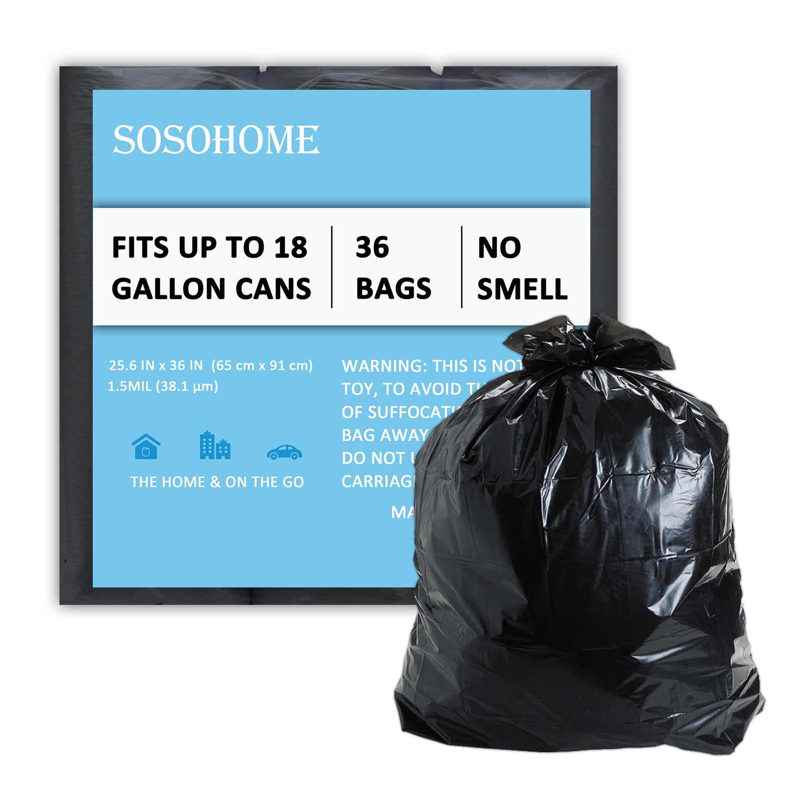 Bolsas de basura de 18 galones, bolsas de basura extra fuertes de 1.5 mil, para cocina, hogar, césped, sin perfume, color negro, 36 unidades