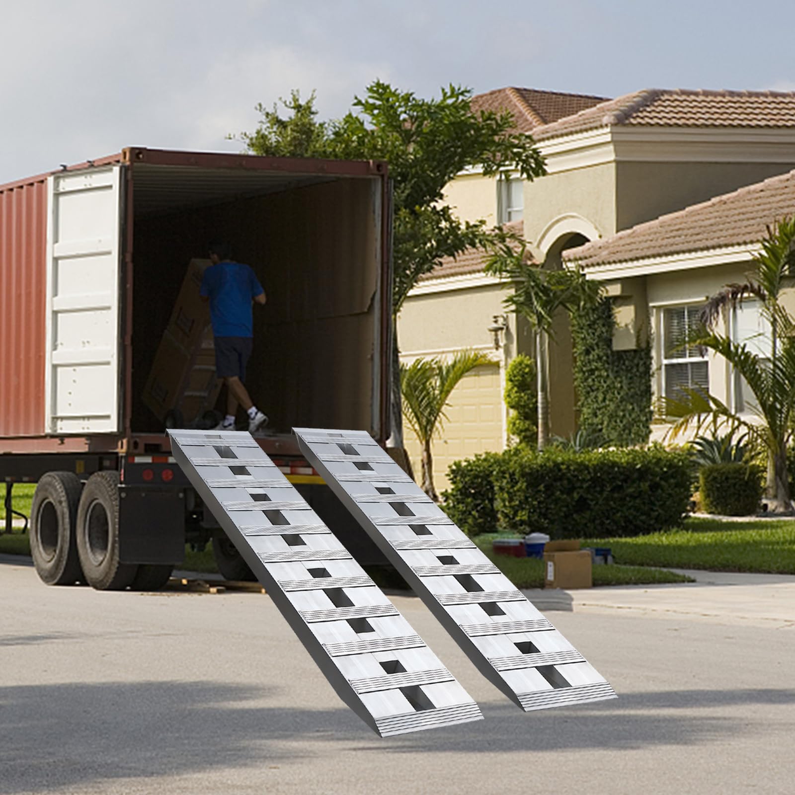 2PCS Aluminum Trailer Ramps, 60x12in Universal Loading Truck Ramp Without Slipping, 6000 Lbs Heavy-Duty Ramps with Top Hook Attaching End, Crossbar Design, Easy to Carry, Silver