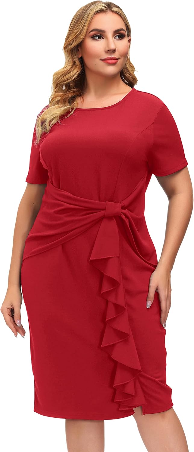 Hanna Nikole Wmens Plus Size Wear to Work Dress 50s Vintage Ruffle Peplum Cocktail Pencil Knee Dress - Image 2