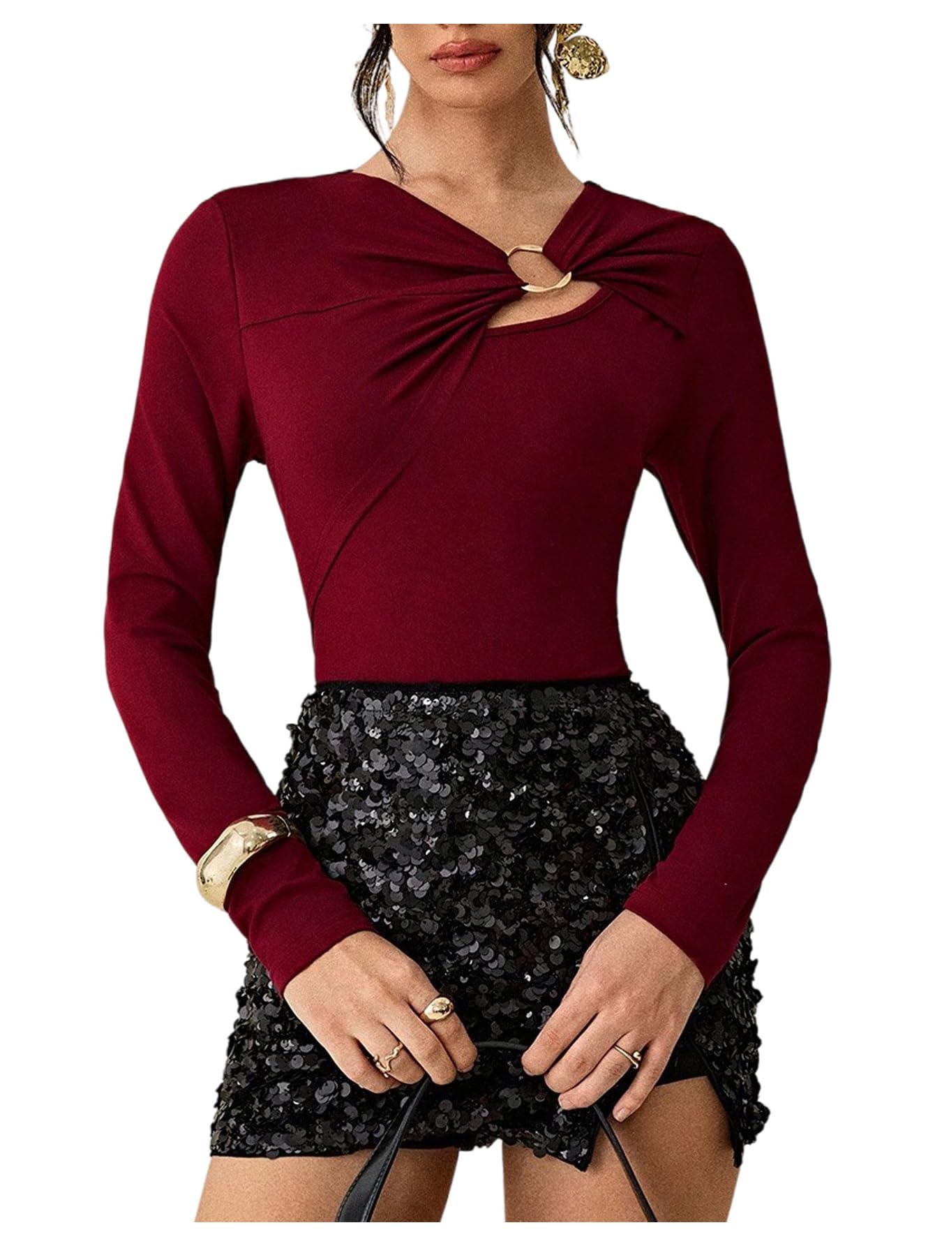 Photo 1 of SOLY HUX Women's Long Sleeve T Shirt Cut Out Ring Linked Slim Fit Tee Trendy Going Out Tops Pure Burgundy Small