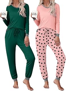2 Pack Womens Pajama Sets Long Sleeve Sleepwear Matching Pjs Set V Neck Loungewear with Pockets S-XXL
