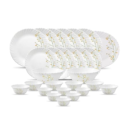 La Opala Diva Classique Collection Opal Glass Crockery | for Family of 6 | Dinner Set 27 pcs Citron Weave | Plates & Bowls for Dining | Microwave Safe | 100% Vegetarian | Extra Strong | White