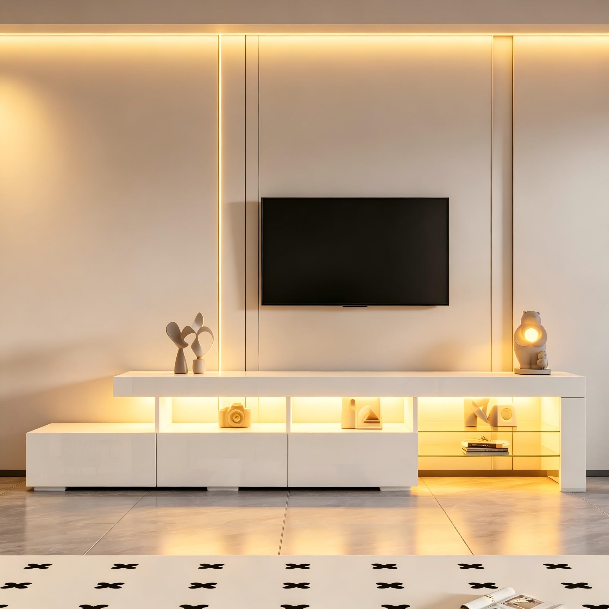 Meuble TV 180 cm Blanc Laqué avec Éclairage LED Piloté par App, Banc TV Moderne pour Téléviseurs jusqu'à 75 Pouces, 3 Tiroirs Push-to-Open et 7 Compartiments de Rangement pour Salon et Chambre