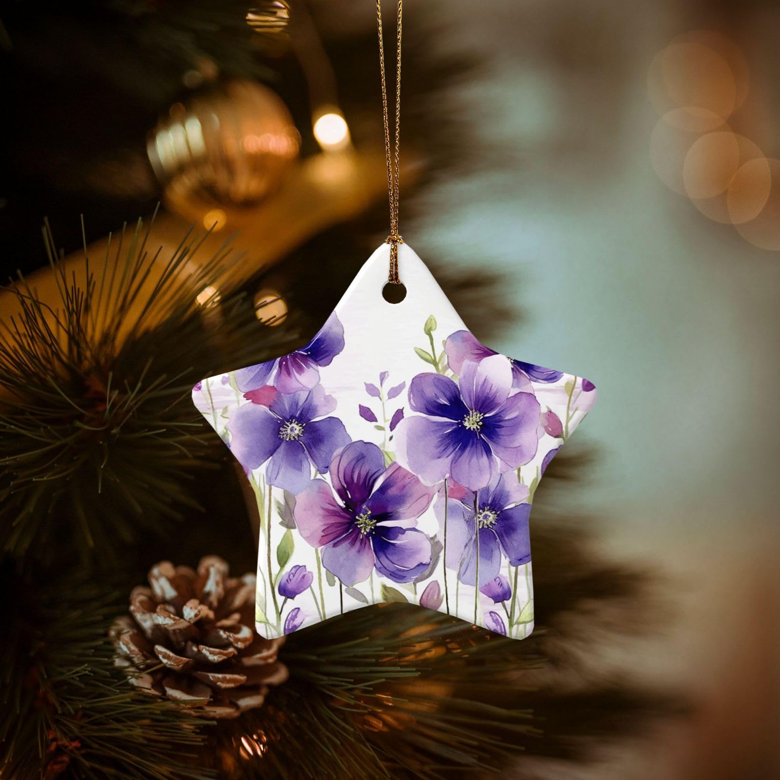 Christmas Tree Ornaments Ceramics Christmas Decorations Watercolor Purple Flowers Ornaments with Gold Ribbon Porcelain Xmas Tree Crafts Star Shape Hanging Pendant for Christmas Tree Party Decor