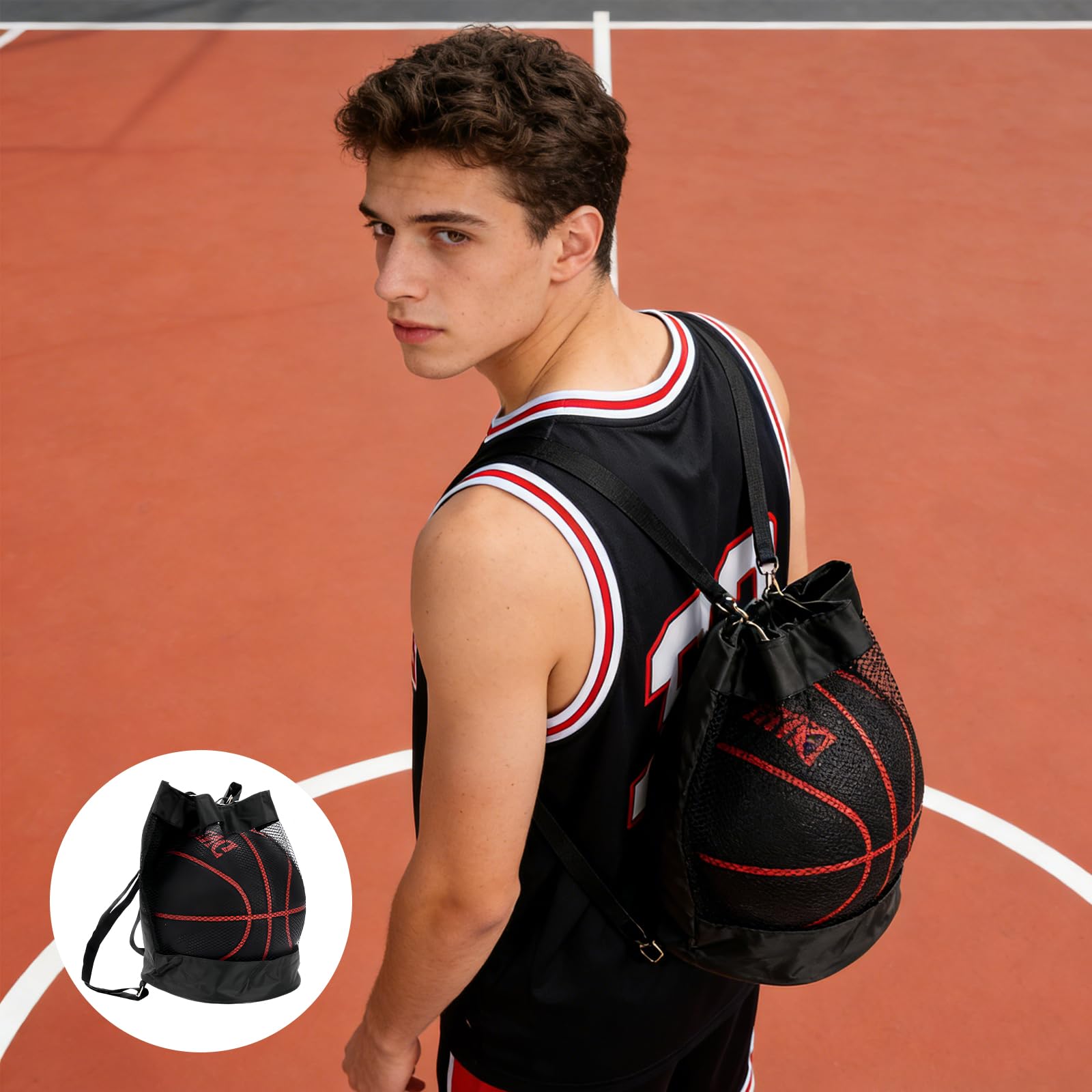 Lot de 2 sacs de basket-ball - 1 sac de ballon avec cordon de serrage - Sac de basketball portable - Grande capacité - Sac en filet pour football, tennis, enfants et adultes