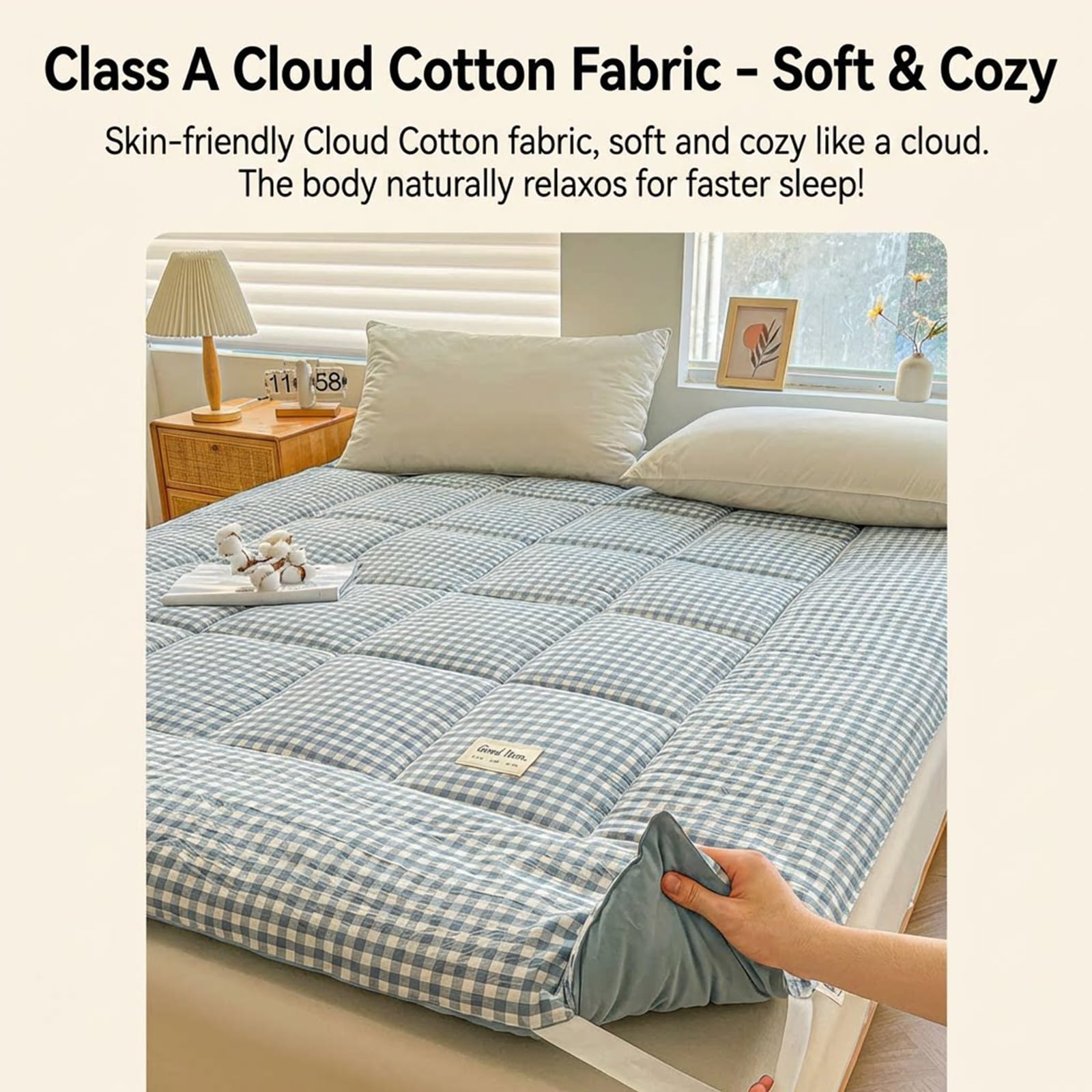 Generico Plaid Duvet Cotone Materasso da Pavimento, Materassino Pieghevole per Ospiti, Portatile Arrotolabile per Campeggio, Cloud Fabric Gingham Design Letto(Gray,180 * 200cm)