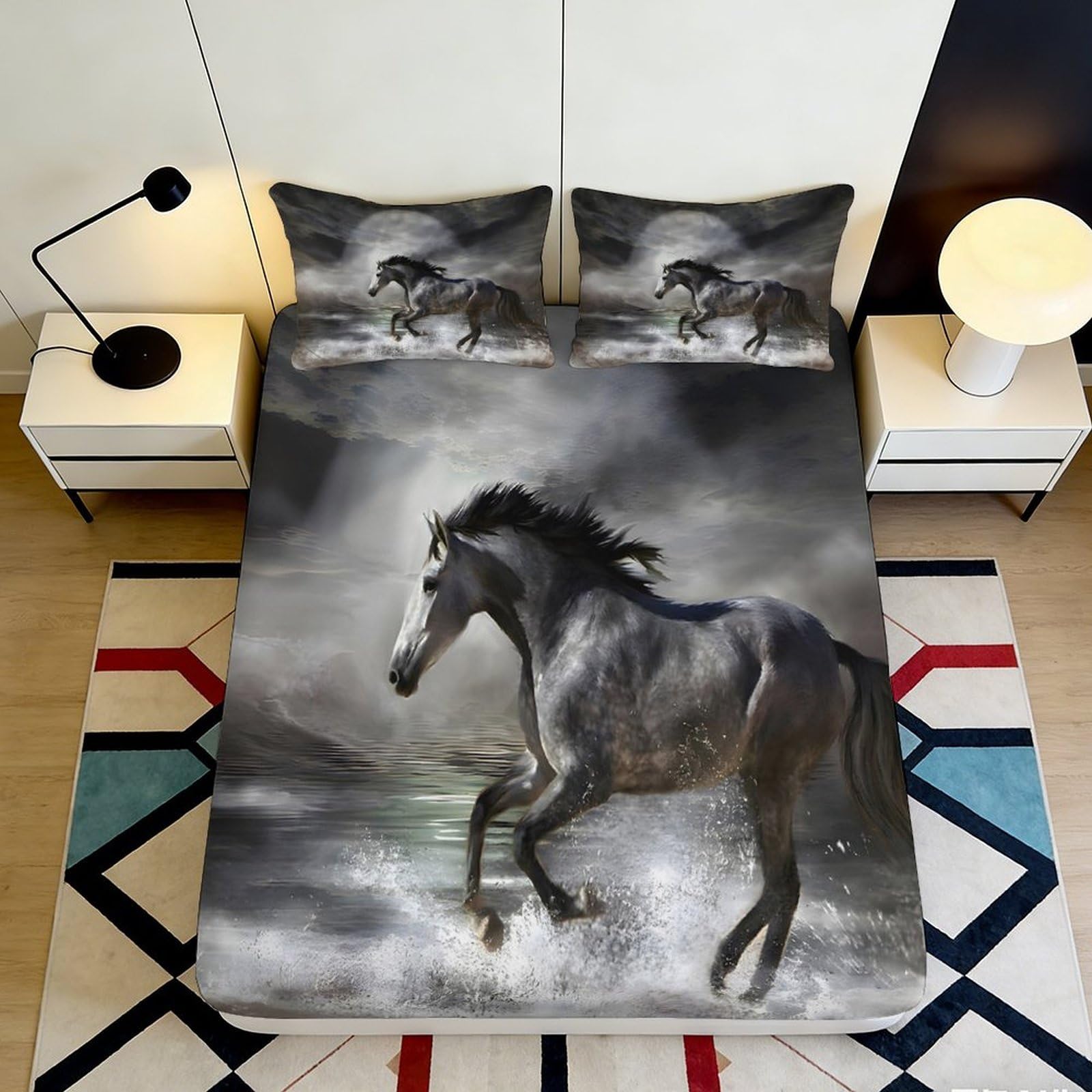 Pnayamiorkfel Style-8 3D Printed Wild Horse Fitted Sheet Microfiber Soft Grey Stallion Bed Cover Bedroom Decor Mattress Protector 90X200x25cm