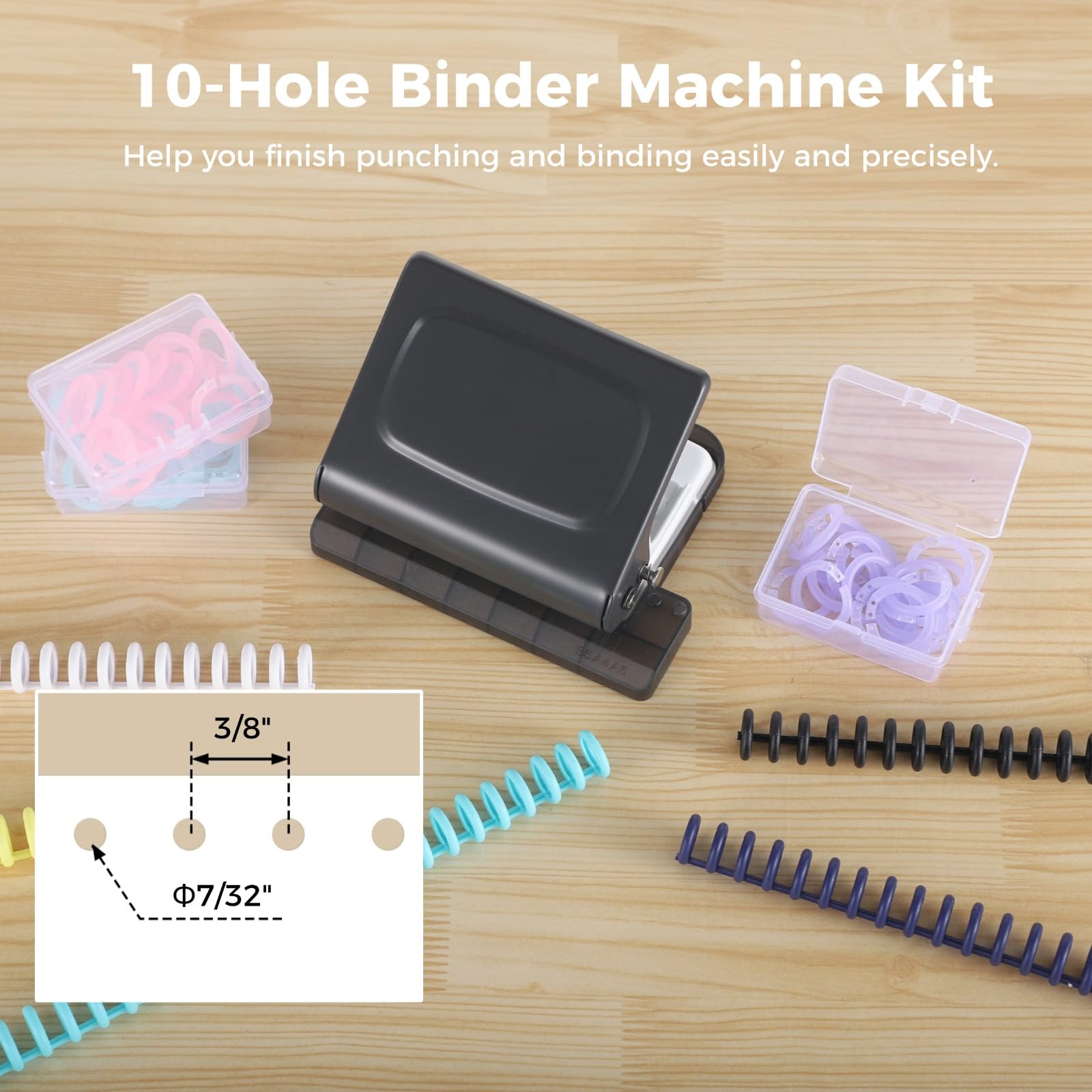 10-Hole Binder Machine Kit, Manual Binding System with 10 Pcs Loose Leaf Binding Spines & 100 Pcs Binder Rings, Binding Machine for Planner, 26 Holes on B5, 30 Holes on A4, 20 Holes on A5 (Black) - Image 3