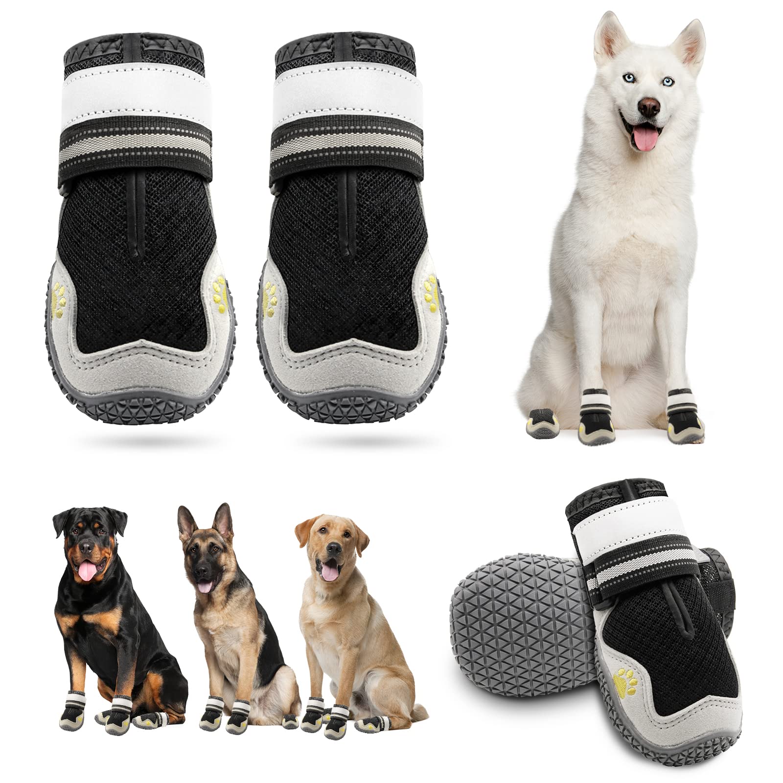 Dog Boots for Hot Summer Roads, Rain Waterproof, Outdoor Walks, Indoor Hard Floors with Non-Slip Soles, Waterproof Dog Shoes, Reflective Non-Slip Dog Boots, Outdoor Shoes for S M L Dogsï¼ˆBlack Gray 5ï¼‰