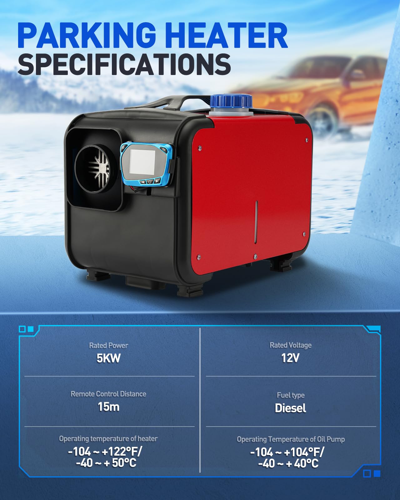5 kW 12 V wielofunkcyjny podgrzewacz powietrza na olej napędowy z monitorem LCD, szybkie nagrzewanie, zdalnie sterowany podgrzewacz postojowy do kamperów, przyczep, ciężarówek, samochodów kempingow