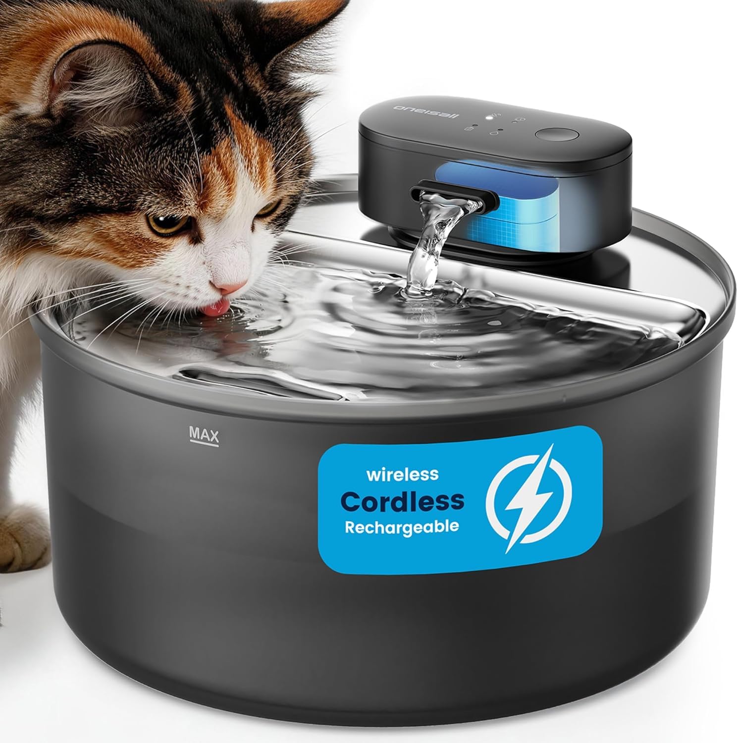 oneisall Fontaine à Eau sans Fil pour Chat 3,2 L, Bac en Acier Inoxydable | Pompe Intégrée SilentFlow™ 20 dB, Batterie 4000 mAh, autonomie 45j, recharge USB-C, 3 Modes d'Eau, ABS/PP certifié ISCC