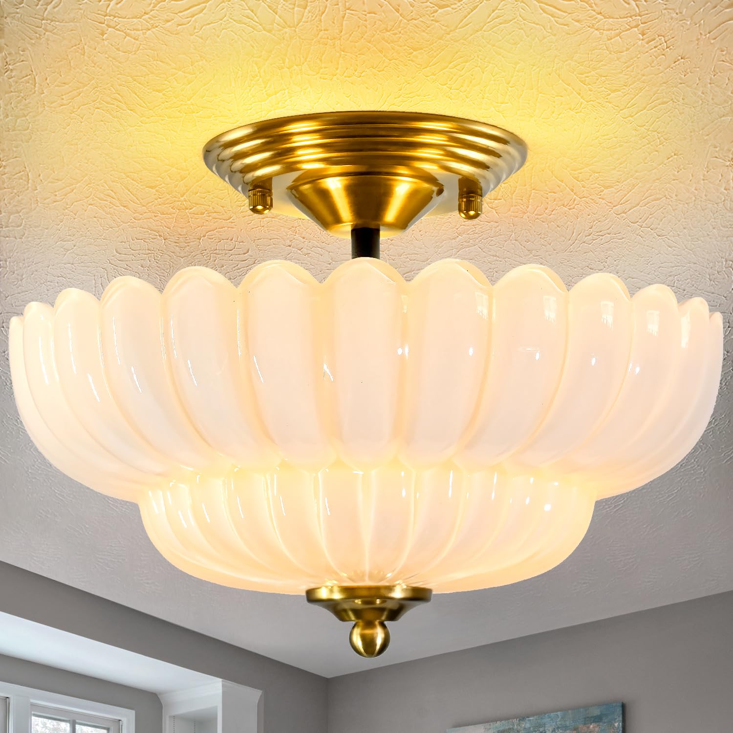 ChenSolara Hallway Light Fixtures Semi Flush Mount Ceiling Light Milk Glass Gold Base Modern Lighting Fixtures for Bedroom Kitchen Entryway Bathroom Ceiling Mount — image 1