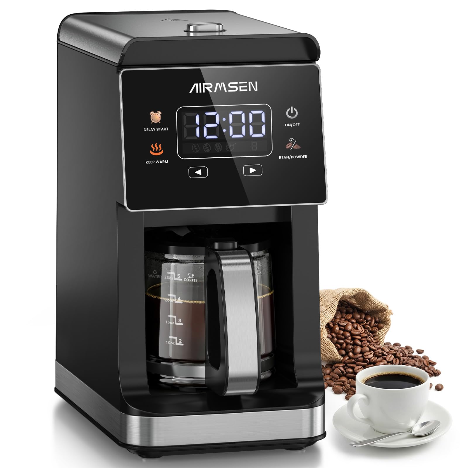 Photo 1 of AIRMSEN Grind & Brew Coffee Maker with Built-in Grinder, Programmable Single Serve Coffee Maker - 5 Cup-800ML, 3 Grind Settings, Auto Keep Warm & Glass Carafe for Small Home and Office
