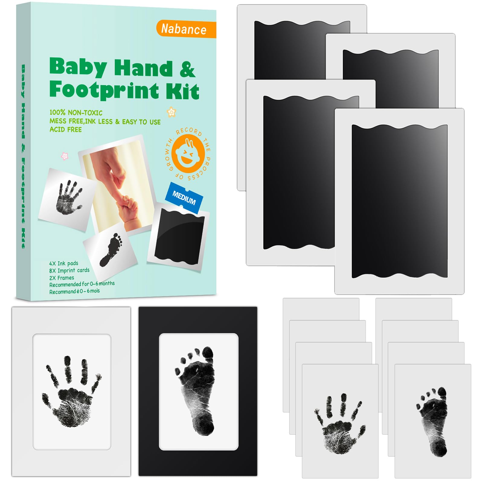 NabanceBaby Footprint Kit & Handprint Kit, 4 Inkless Ink Pads, 2 Photo Frames, 8 Imprint Cards, Safe for Baby Hands and Feet, Family Keepsake Gifts for New Parents, Baby Shower Gifts 0-6 months