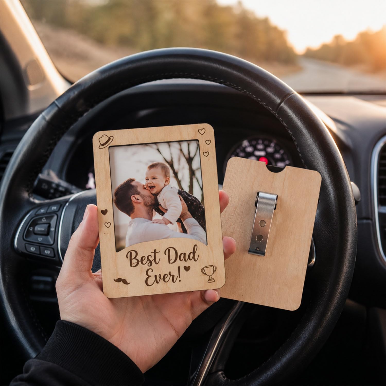 Dad Car Visor Photo Clip – Drive Safe Daddy Wooden Visor Clip Picture Frame for Car – Best Daddy Ever from Daughter Son, Personalized Auto Sun Visor Decoration (for Dad) image 3