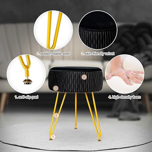 Miniatura 5 de Taburete de tocador de terciopelo moderno para maquillaje, silla de tocador de terciopelo con patas de metal, taburete otomano redondo para sala de
