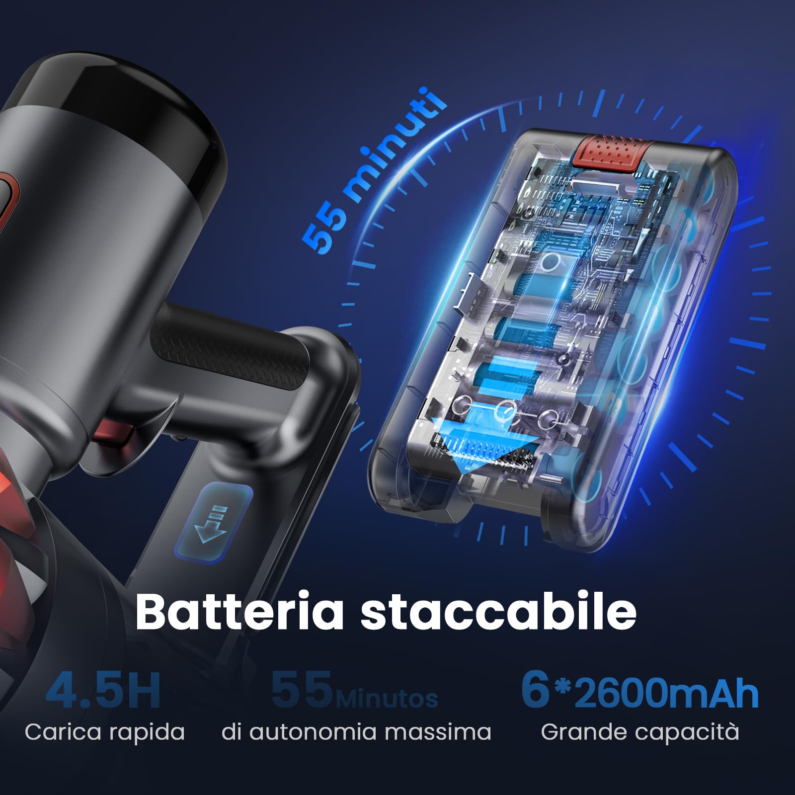 Aspirapolvere Senza Fili 30KPa, Aspirapolvere Senza Fili Mantiene casa, Autonomia 55 Minuti, Batteria Rimovibile, Aspirapolvere spazzola elettrica per Moquette/Peli di Animali Domestici/Pavimenti
