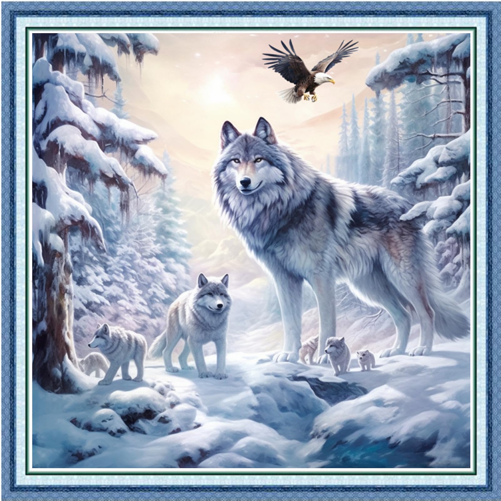 DMCVIVR Stamped Cross Stitch Kits for Beginners Adults Needlepoint Kits for Beginners Embroidery Kits for Adults Crossstitch Kit for Beginners 11CT-Snow Wolf 18x18 inchs