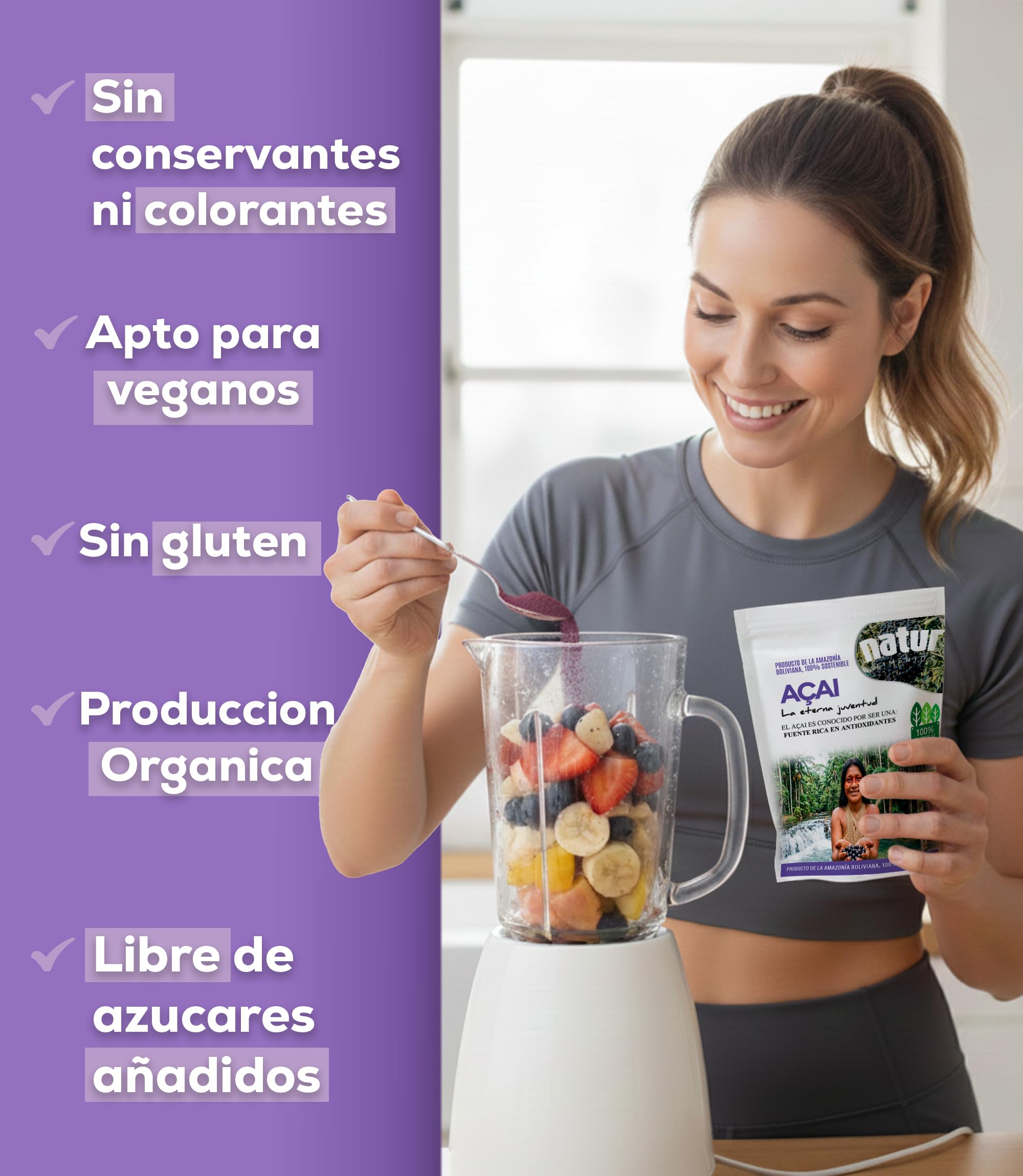 Acai en Polvo Puro Liofilizado Superalimento Natural de la Amazonía Rico en Antioxidantes Vegano No GMO Ideal para Batidos Postres Recetas Saludables 100g
