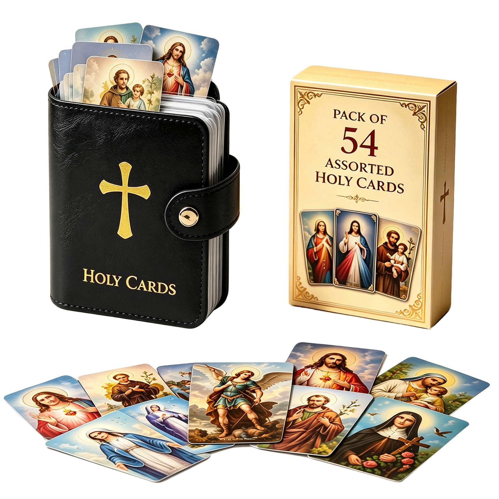 Viilich 54 Pieces Catholic Prayer Card Set with Pocket Leather Holy Card Organiser, Snap Closure Prayer Card Case, Portable Religious Holy Cards for Daily Mass, Bible Study
