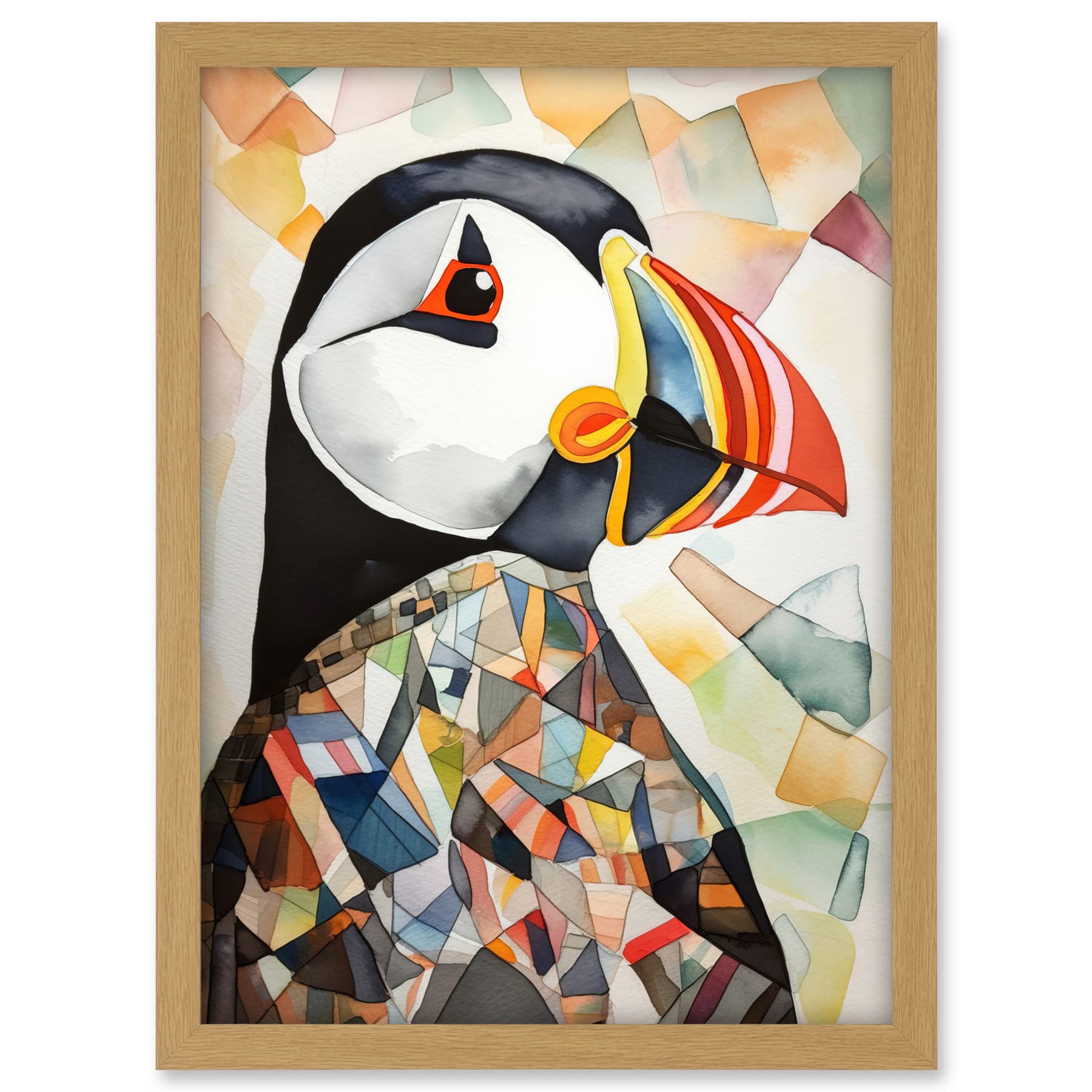 Artery8 Puffin Bird Abstract Portrait Folk Art Artwork Framed A3 Wall Art Print