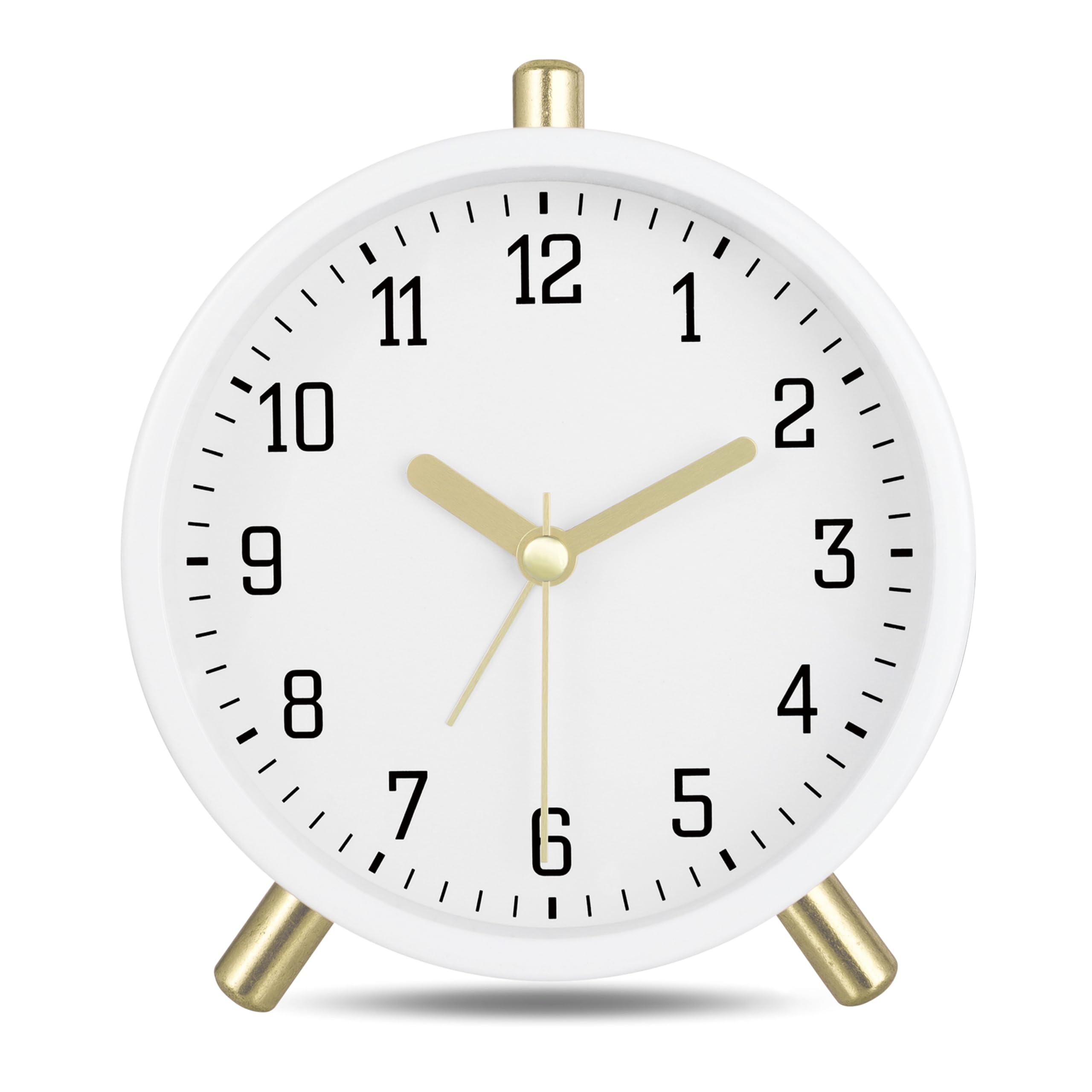 Lafocuse Metal Reloj Despertador Analógico Silencioso, con Luz Nocturna, Blanco Classico Moderno Reloj Mesita de Noche para Mesilla Dormitorio Oficina 11cm
