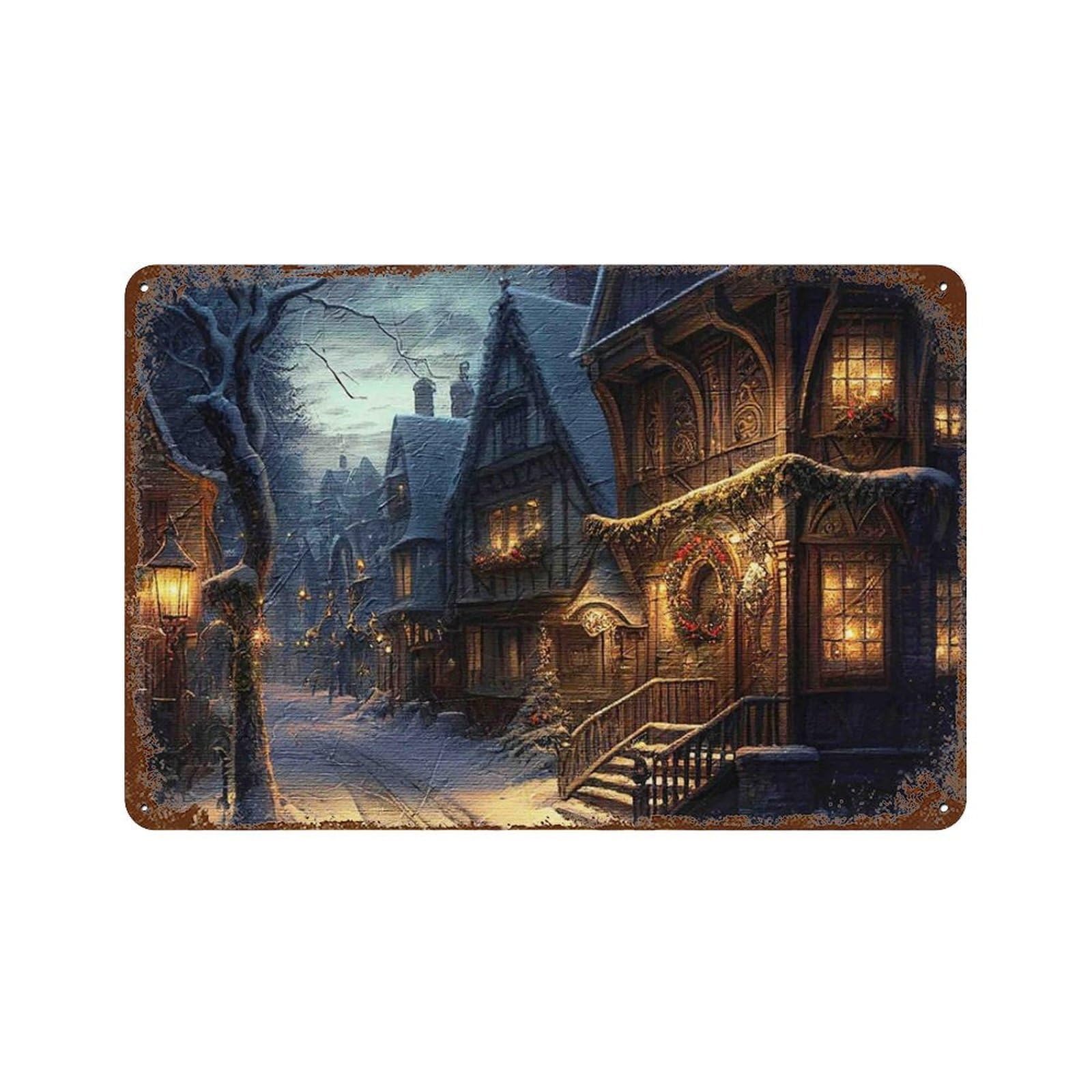 xiaoxiaoshen Christmas Village Winter Small Town Holiday Snowy Painting Wall Decor Art Metal Tin Poster Modern Home Decor Art Home Bar Shop Decorations Vintage Sign 20x30cm