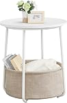 VASAGLE Collection LILEA - Petite Table d'Appoint Ronde, Table de Nuit Moderne avec Panier en Tissu, Blanc Mat et Brun Chameau ULET223W10