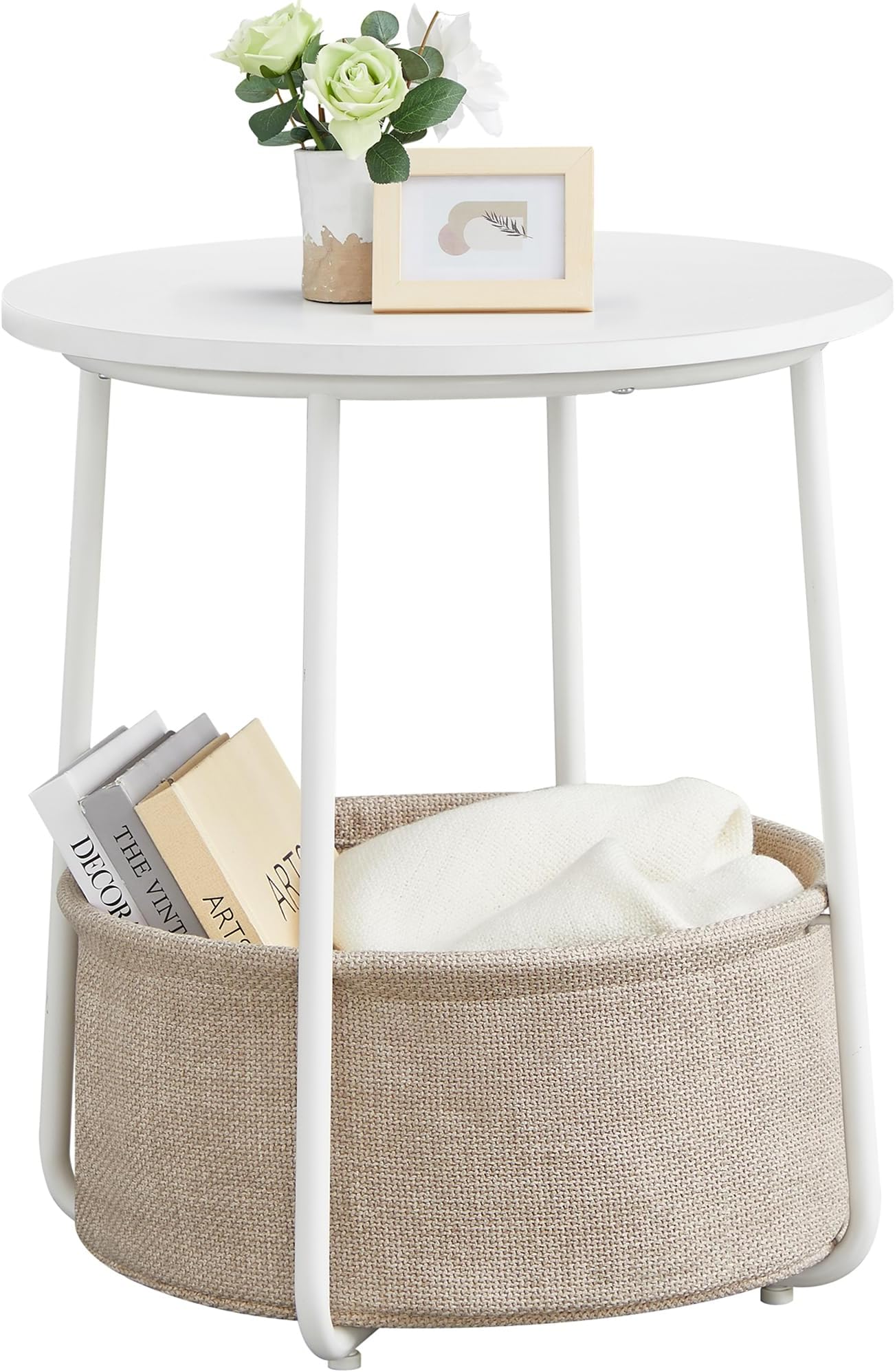 VASAGLE Round End Table with Removable Storage Basket, for Living Room and Bedroom, White