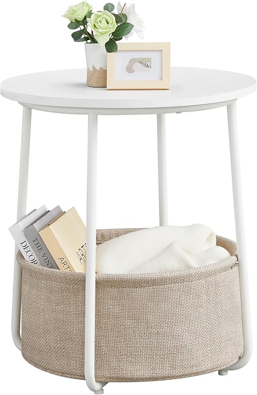 VASAGLE LILEA Collection - Mesa auxiliar redonda pequeña, mesita de noche moderna con cesta de tela, blanco mate y marrón camello ULET223W10