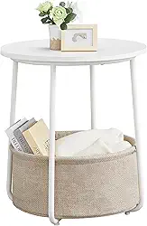 VASAGLE Mesa de canto redonda com cesta de armazenamento removível, para sala de estar e quarto, branca