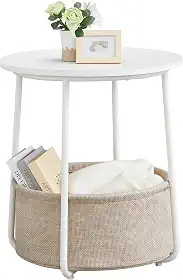 VASAGLE Mesa de canto redonda com cesta de armazenamento removível, para sala de estar e quarto, branca