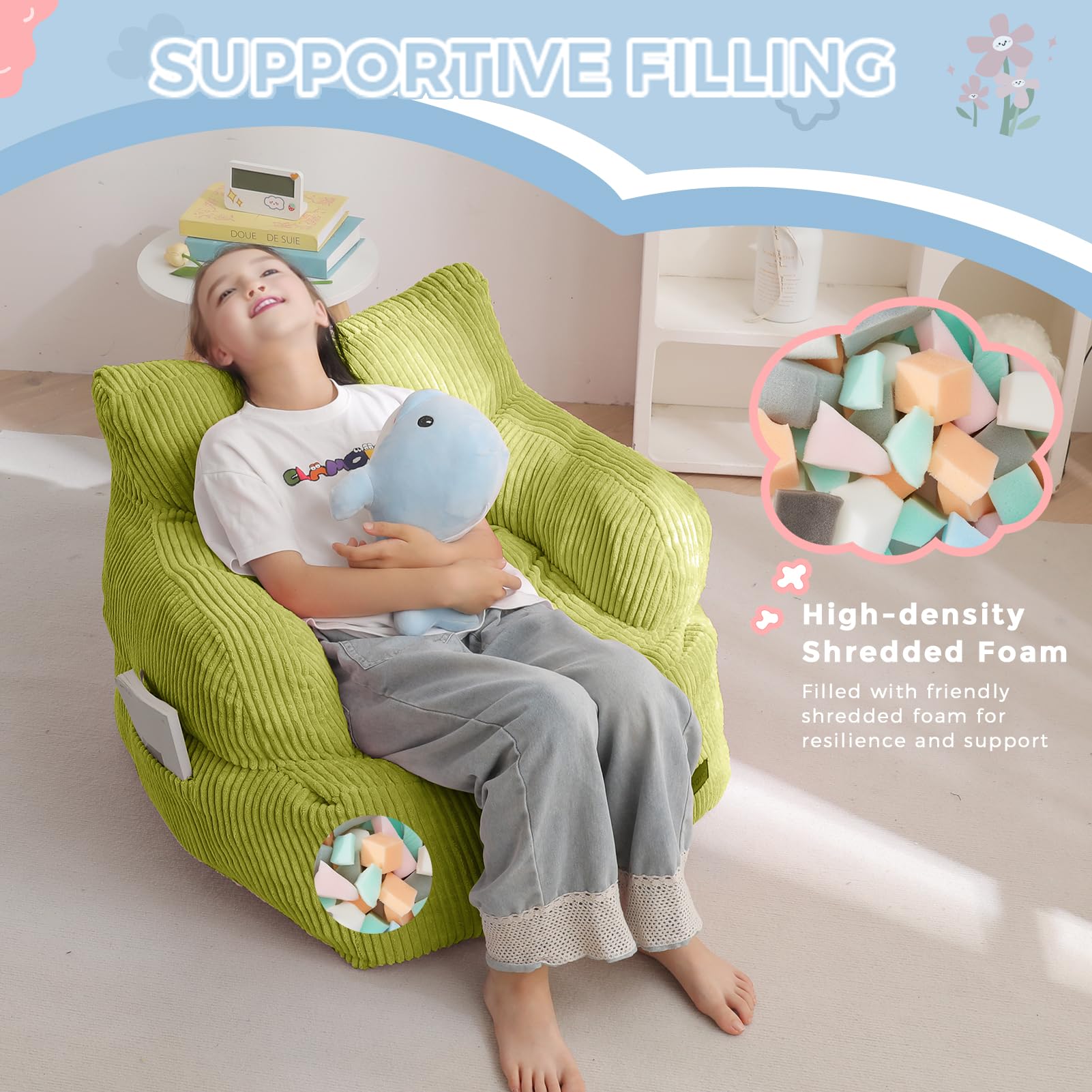 MAXYOYO Sitzsack Kinder Cord mit Füllung, Sitzsäcke Mädchen Jungen, Bodenstuhl mit Tasche, Bean Bag Sofa für Schlafzimmer