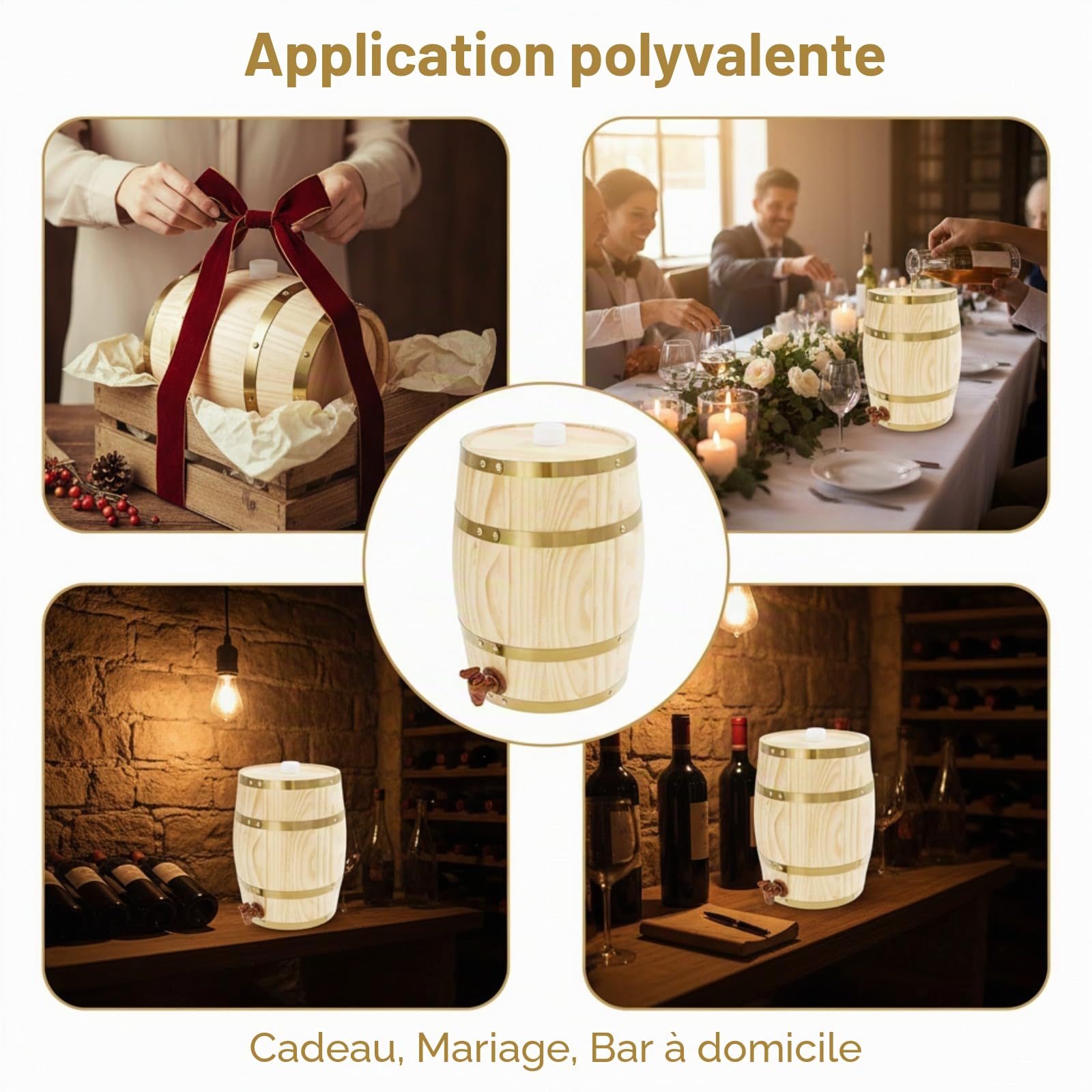 Fût en bois de 10 litres, tonneau à vin avec robinet, récipient à vin, capacité de charge 30 kg pour le stockage de whisky, tequila, vin, bière, etc. - LxH 26 x 33 cm