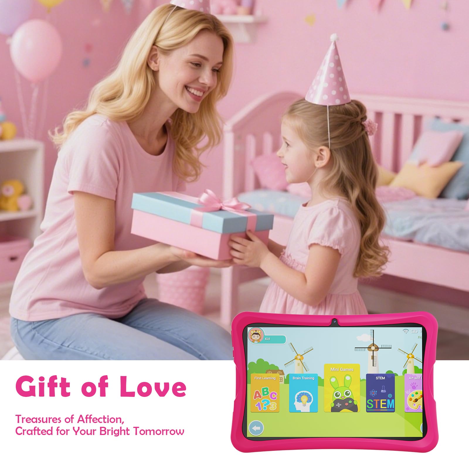 DigiLand Android 15 Kinder Tablet 10,1 Zoll, 6GB RAM + 32GB ROM (erweiterbar), Elternkontrolle, Kinder-Apps vorinstalliert, Doppelkamera, inkl. robuster Schutzhülle (Rosa)