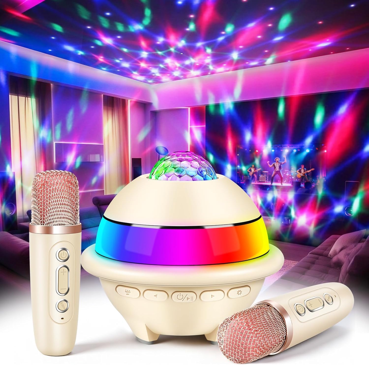 JONRRYIN Micro Karaoke Enfant avec Lumineux LED Disco, Enfant Enceinte Karaoké Portable avec 2 Microphone sans Fil Bluetooth, Micro Enfant pour Chanter, Jouet Cadeau Paques Fille (Blanc)