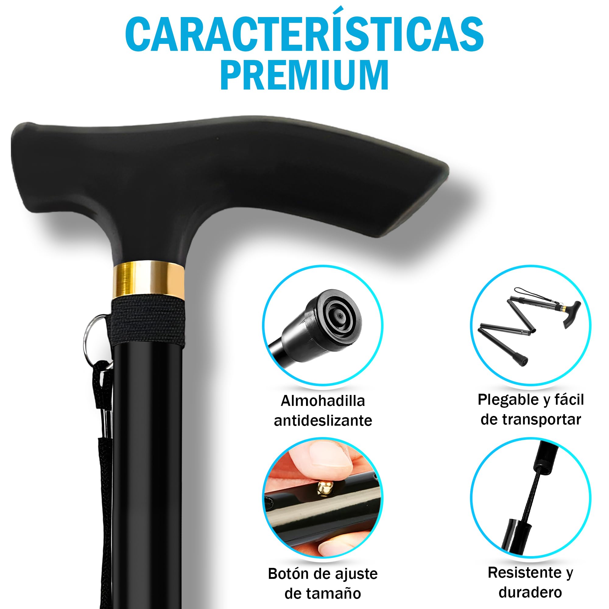 Bastón Plegable para Mayores + 2 Tapones Antideslizantes | Bastón Extensible Portátil Tapones Antideslizantes, Ideal para Caminar y Andar (Negro)