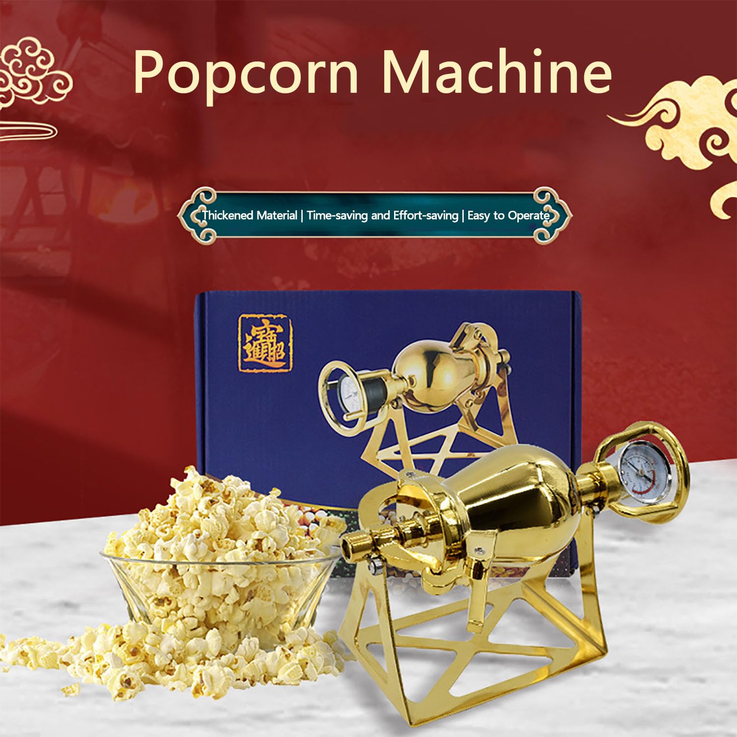 Macchina per popcorn manuale, stile antico, con capacità di 230 ml, cuscinetti rimovibili, finitura lucida per feste in famiglia