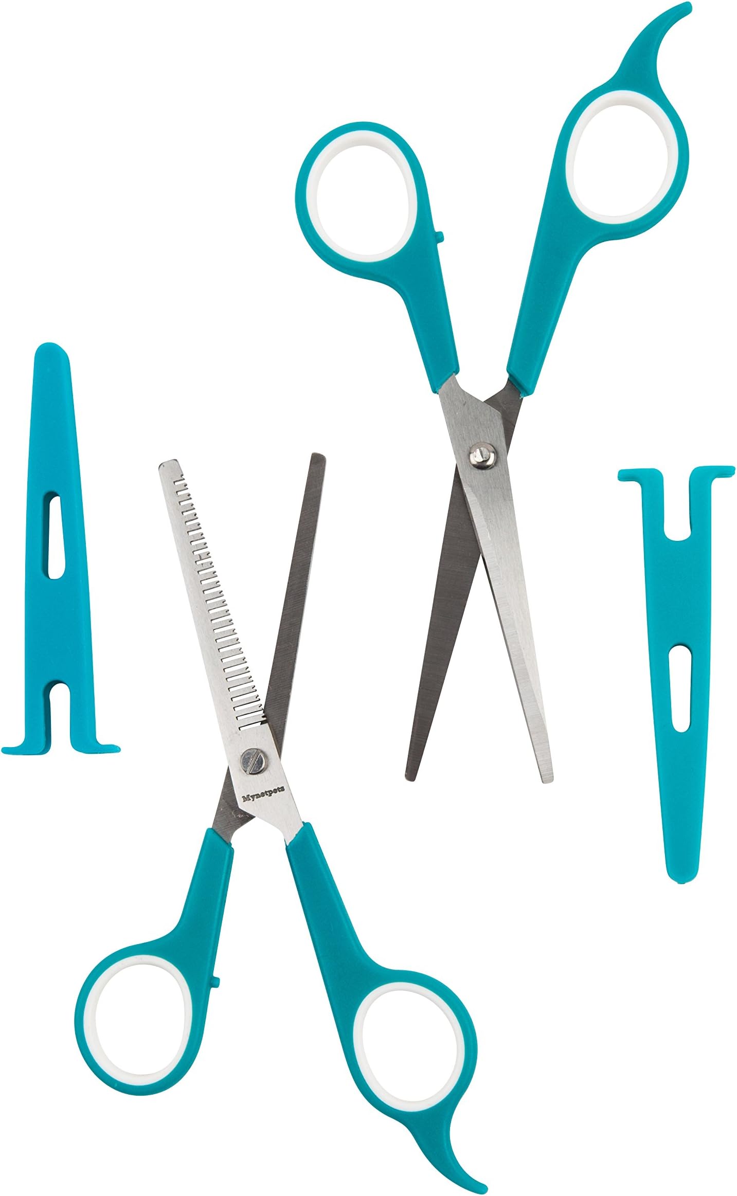 Dog and Pet Grooming Scissors. 2 pair - Thinning Shears and Straight Edge Shears Perfect for Dogs, Cats, Puppies, Kittens and Other Pets. Stainless Steel Engineered Blades with Protective Caps