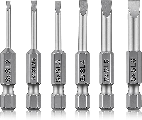 6 Pcs Hollow Ground Screwdriver Set, 1/4 Impact Driver Bit Set Flat Head Slotted Drill Bits, 2 Inch Length Screwdriver Bits SL2 SL2.5 SL3 SL4 SL5 SL6 for Power Drill Impact Driver