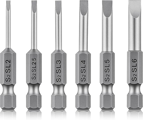 6 Pcs Hollow Ground Screwdriver Set, 1/4 Impact Driver Bit Set Flat Head Slotted Drill Bits, 2 Inch Length Screwdriver Bits SL2 SL2.5 SL3 SL4 SL5 SL6 for Power Drill Impact Driver