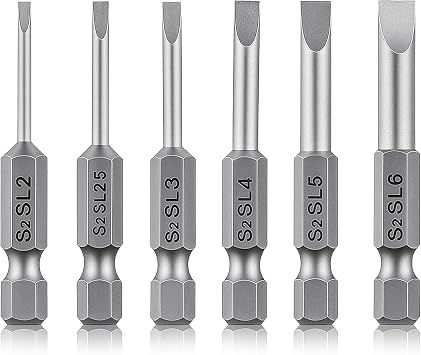 6 Pcs Hollow Ground Screwdriver Set, 1/4 Impact Driver Bit Set Flat Head Slotted Drill Bits, 2 Inch Length Screwdriver Bits SL2 SL2.5 SL3 SL4 SL5 SL6 for Power Drill Impact Driver