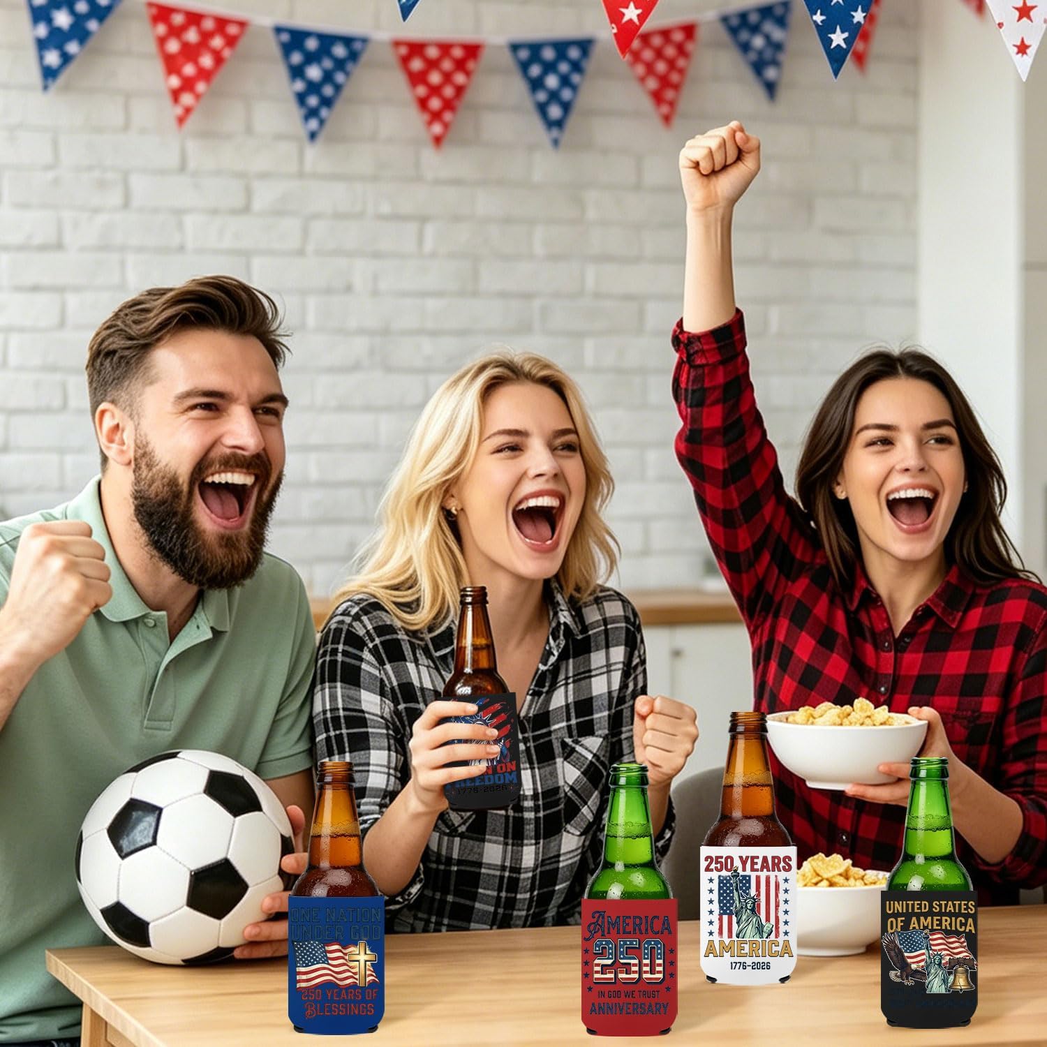 12 Pack 4th of July Can Cooler Sleeves, 250th Anniversary USA Patriotic Neoprene Drink Holder for Memorial Day Independence Day (250th Vintage Anniversary, 12oz Standard)
