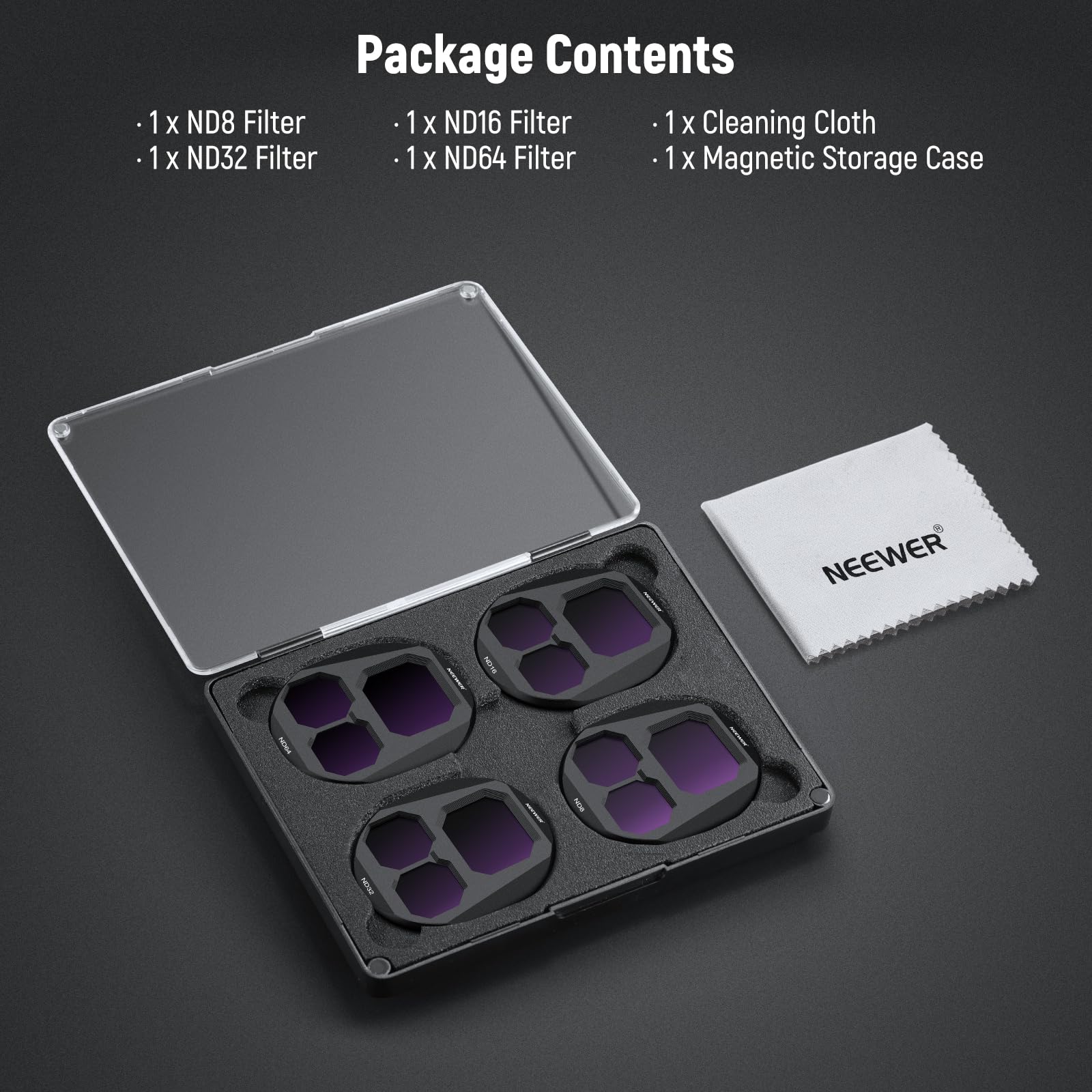 NEEWER Zestaw filtrów ND kompatybilny z DJI Mavic 4 Pro (ND8/ND16/ND32/ND64), 4 sztuki, wielowarstwowy filtr optyczny do aparatu drona, obiektyw z magnetycznym pudełkiem do przechowywania FL-C44